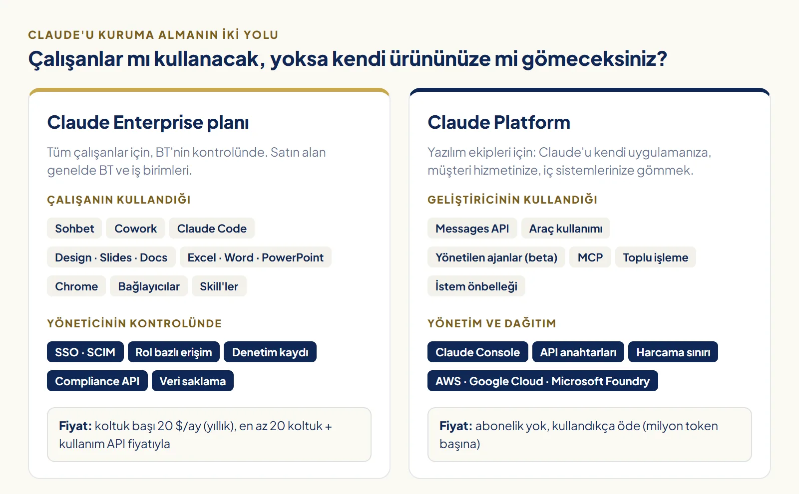 Claude'u kuruma almanın iki yolu: çalışanlar için Claude Enterprise planı (sohbet, Cowork, Claude Code, bağlayıcılar, yönetim kontrolleri) ve yazılım ekipleri için Claude Platform (API, yönetilen ajanlar, Console, bulut sağlayıcılar)